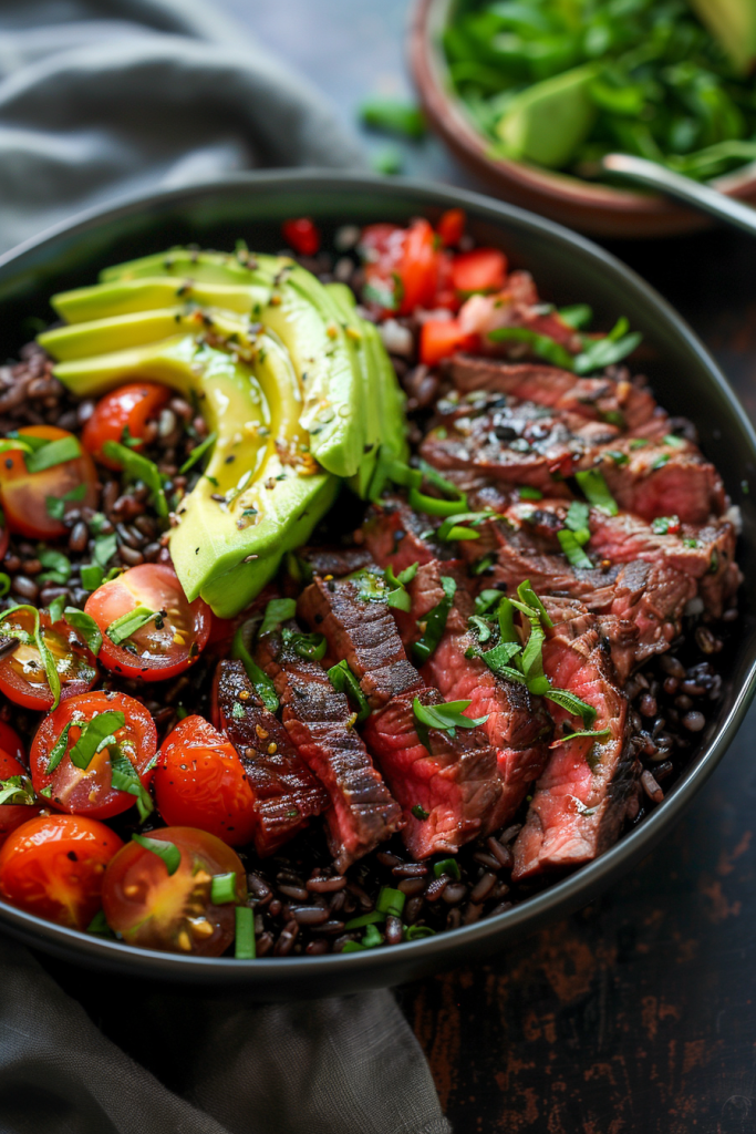 Steak and Black Rice Bowl with Avocado