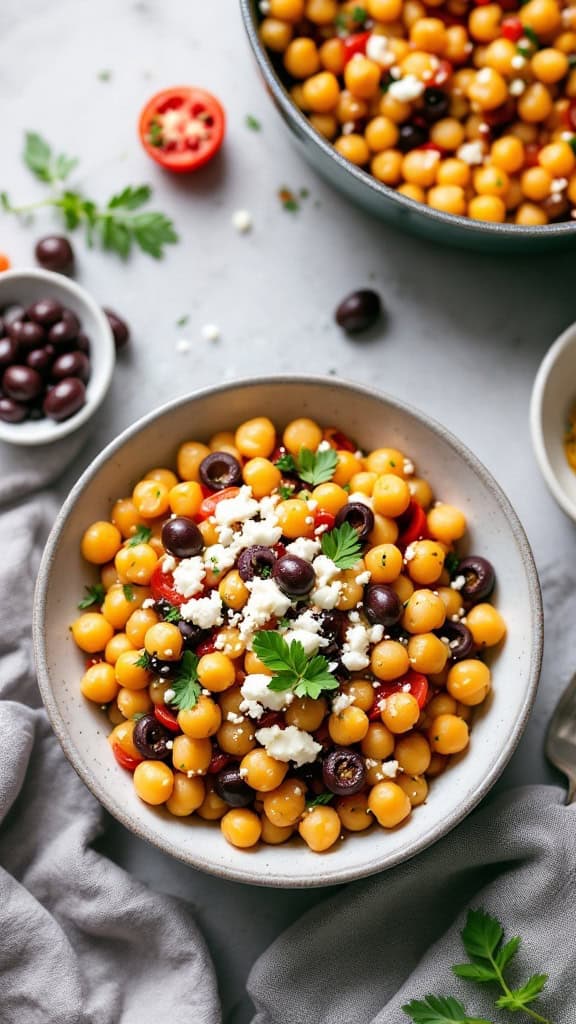 Close-up of a Mediterranean chickpea casserole with olives, tomatoes, and herbs.