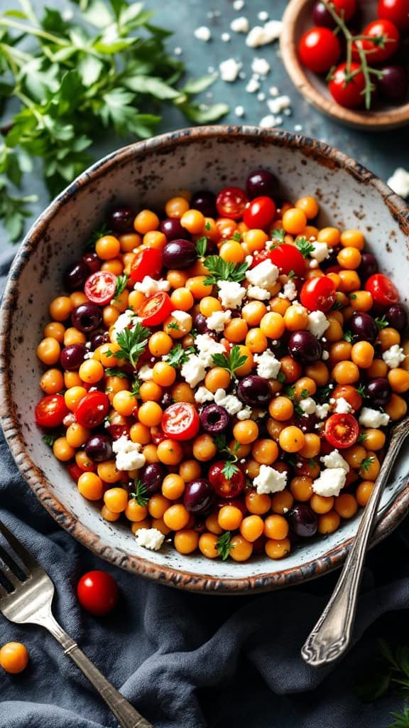 A bowl of Mediterranean chickpea salad with chickpeas, black beans, and fresh herbs.