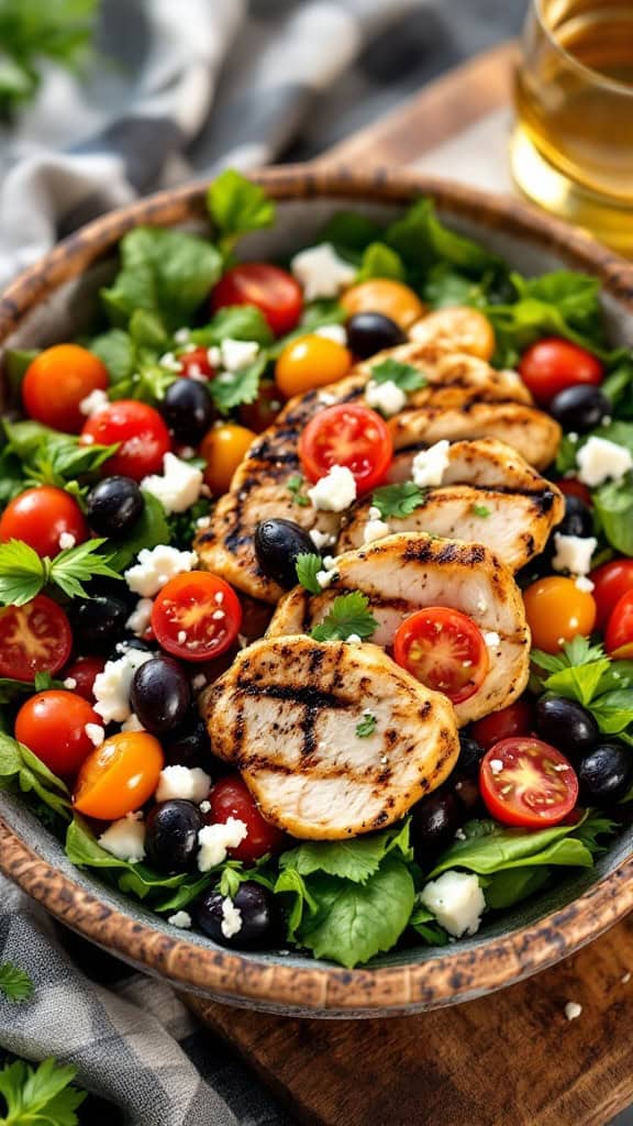 A colorful Mediterranean grilled chicken salad with cherry tomatoes, olives, and feta cheese on a bed of greens.