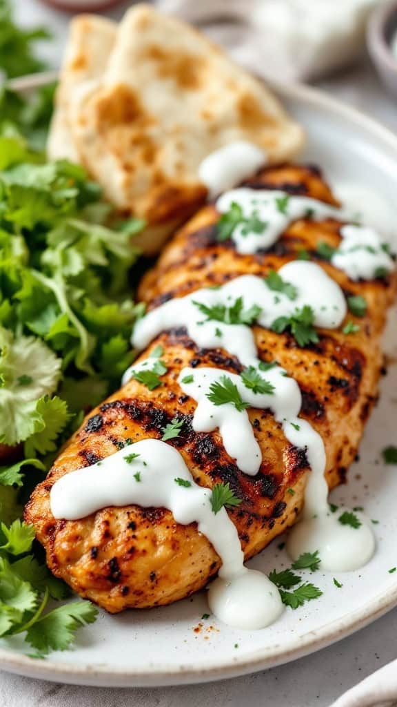 Grilled chicken topped with tzatziki sauce, served with pita and fresh herbs