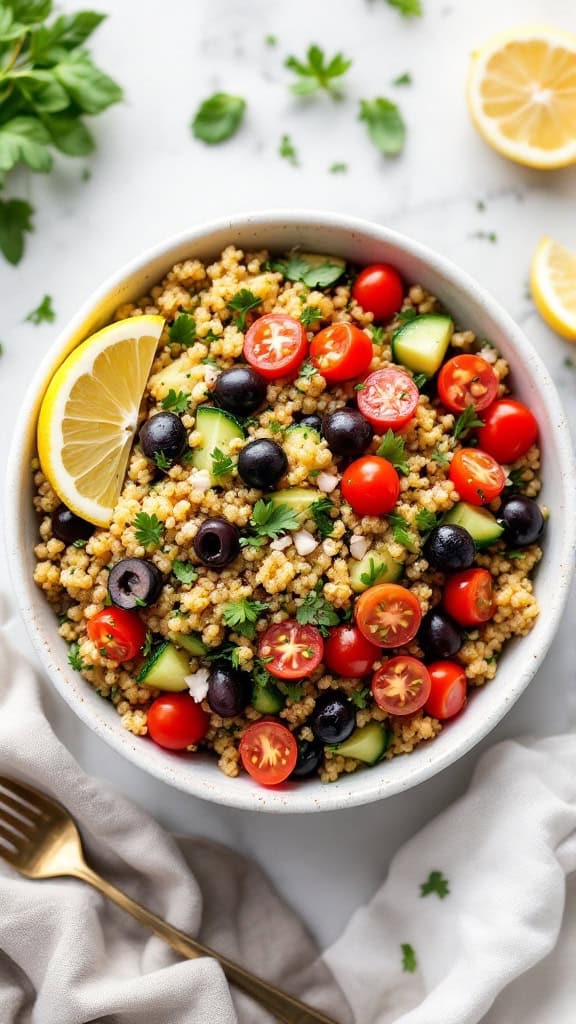 A colorful Mediterranean quinoa bowl with cherry tomatoes, cucumbers, olives, and a lemon wedge.