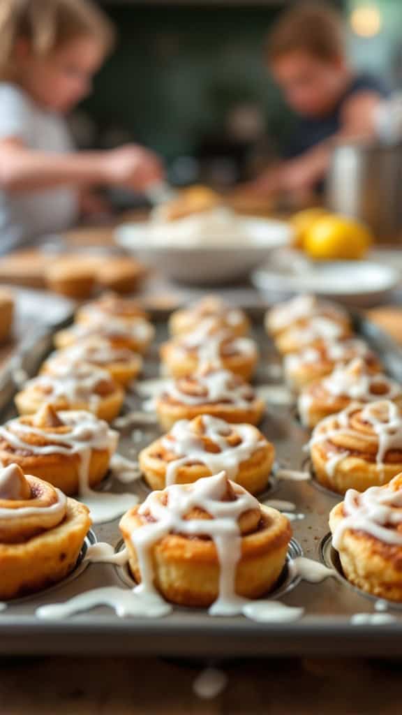 A tray of mini cinnamon roll muffins with icing, and kids preparing them in the background.
