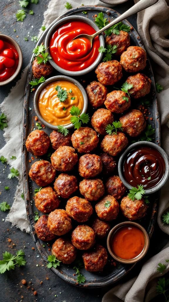 A platter of miniature meatballs with different dipping sauces.