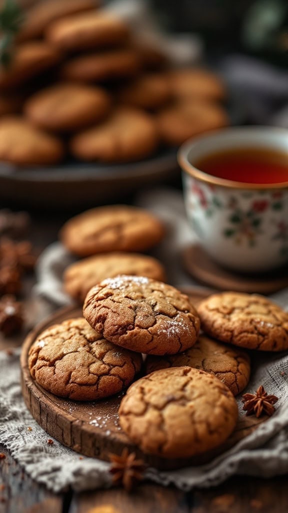 A plate of freshly baked molasses cookies with a cup of tea beside them.