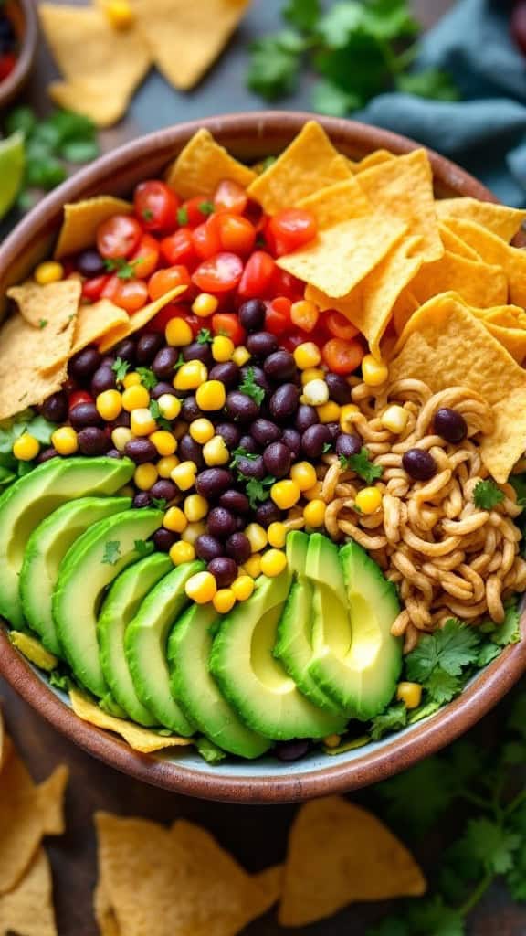 A vibrant no-cook taco salad with black beans, corn, veggies, avocado, and tortilla chips.