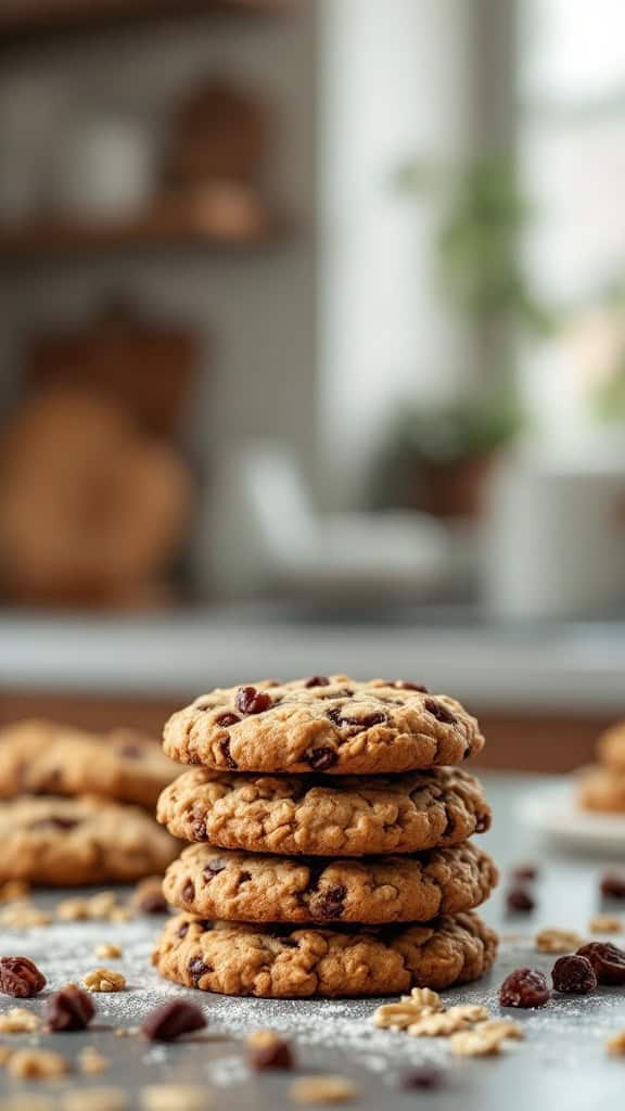 A stack of oatmeal raisin cookies with some scattered oats and raisins.