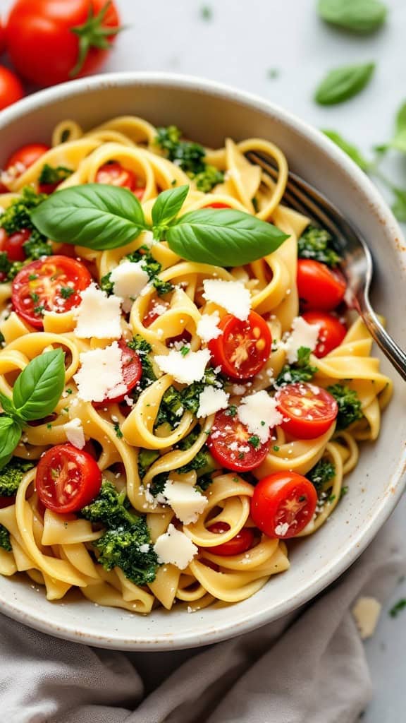 A bowl of pasta primavera with cherry tomatoes, broccoli, and basil.