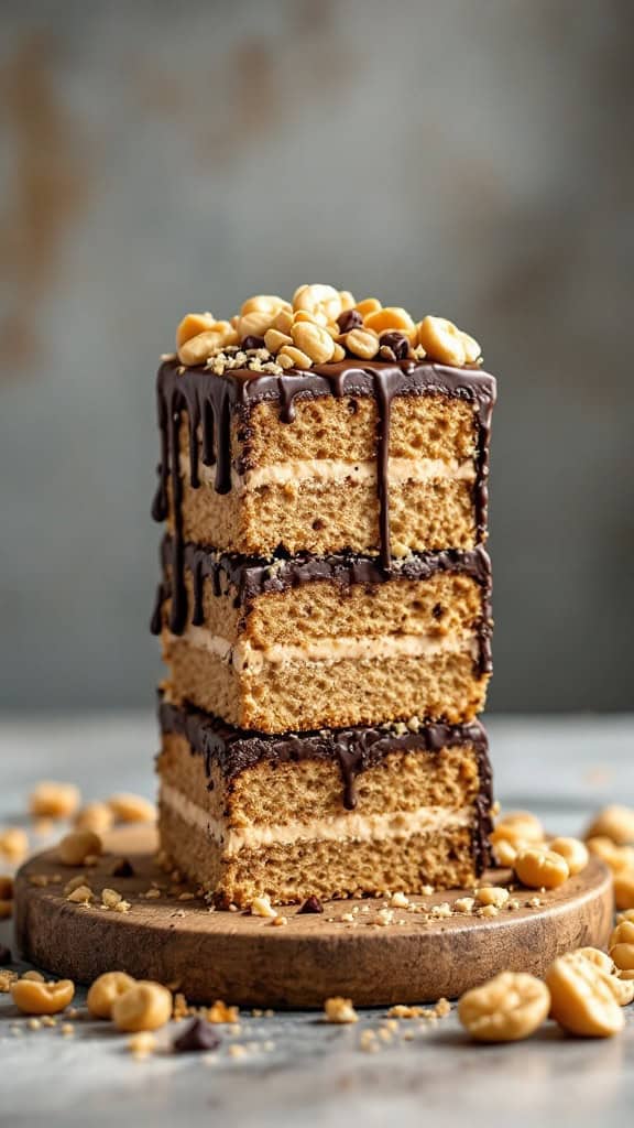 A tall slice of peanut butter and chocolate layer cake topped with chocolate drizzle and peanuts.