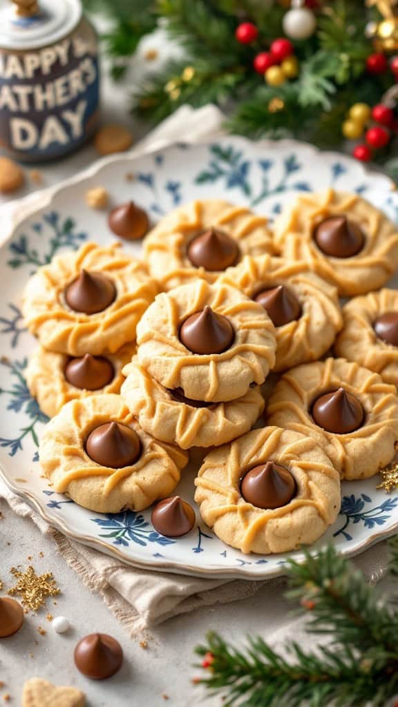 A plate of homemade Peanut Butter Blossom cookies topped with chocolate kisses.