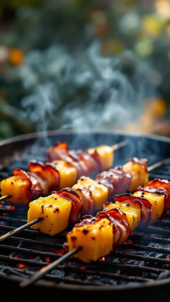 Grilled pineapple and bacon skewers on a barbecue grill.