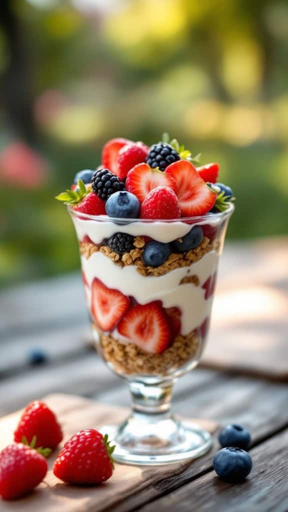 A delicious Greek yogurt parfait layered with berries and granola.