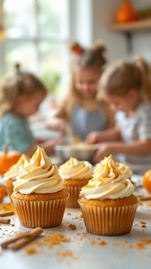Pumpkin spice muffins with frosting and cinnamon sticks in the foreground, kids baking in the background.