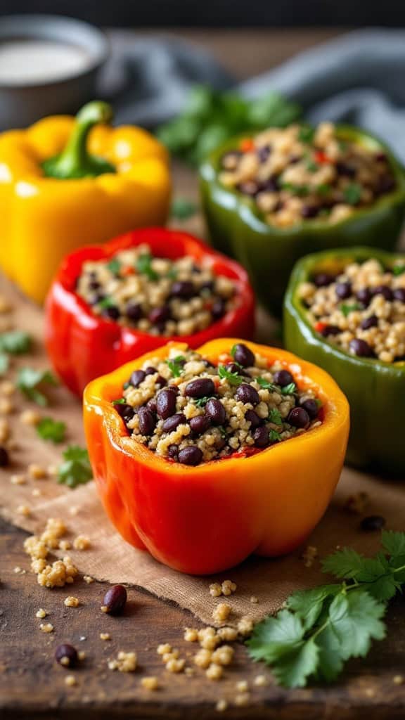 Stuffed peppers filled with quinoa and black beans on a wooden table.