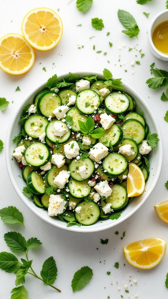 Cucumber and feta salad with lemon and fresh herbs.