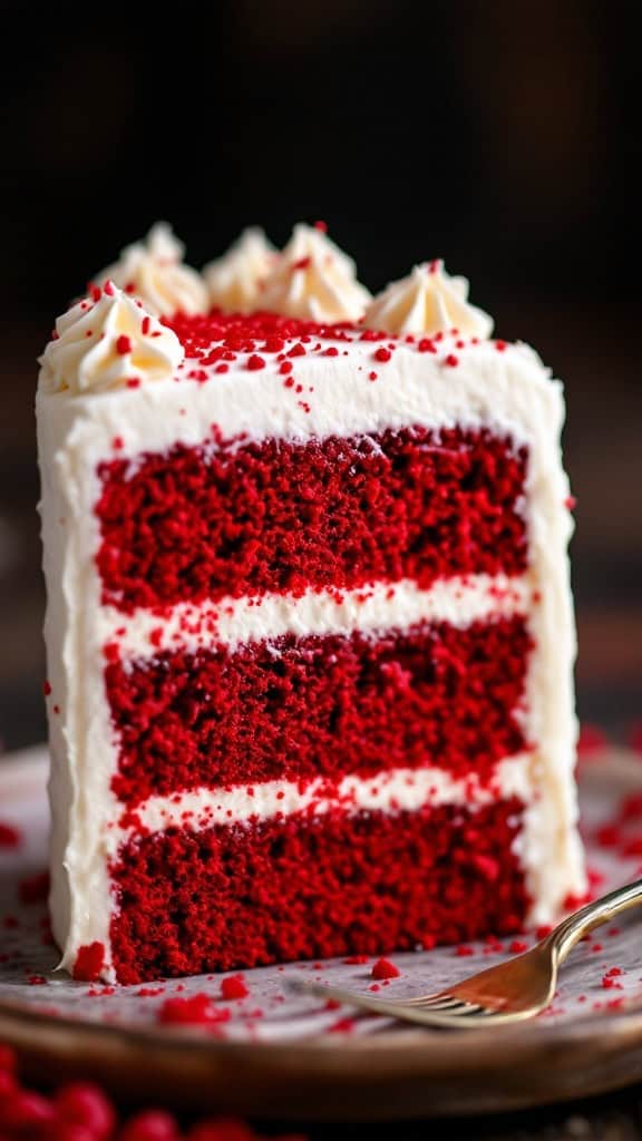 A slice of rich red velvet cake with cream cheese frosting, showcasing layers and decorative frosting on top.