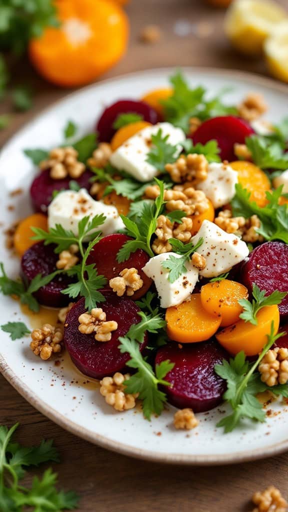 A vibrant roasted beet and goat cheese salad topped with nuts and fresh greens.