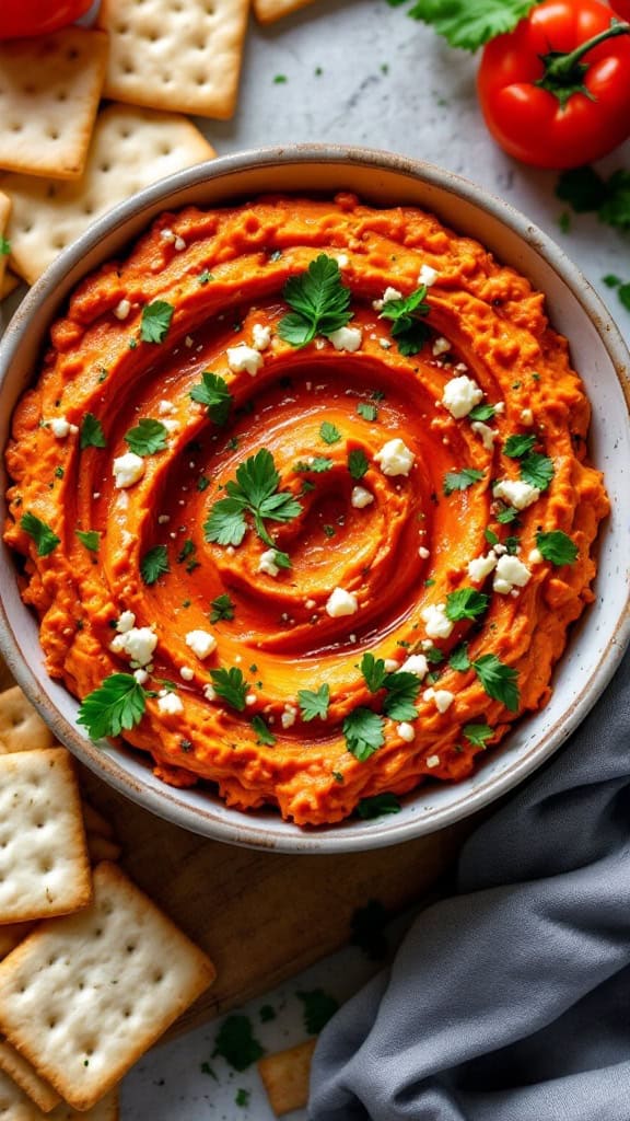 A vibrant roasted red pepper and feta dip garnished with parsley, served with crackers.