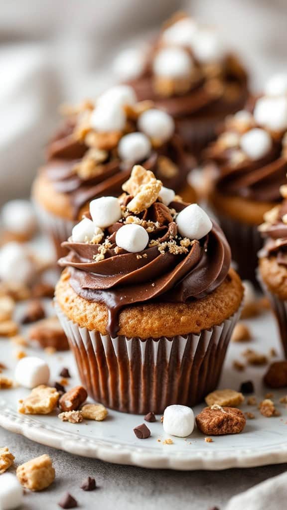 Rocky Road cupcakes with chocolate frosting, topped with marshmallows and nuts