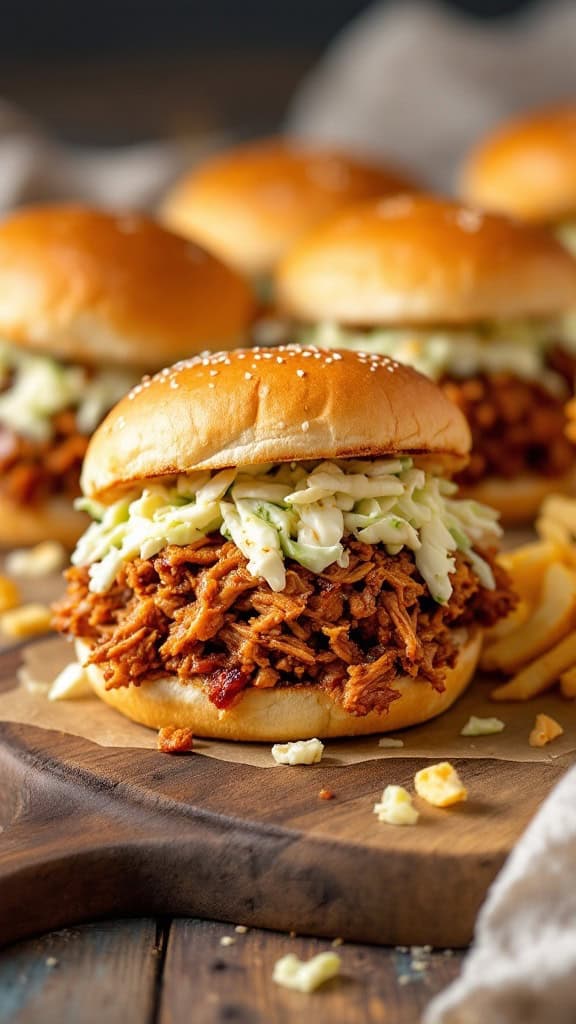 BBQ pulled pork sandwich with coleslaw on a wooden board.