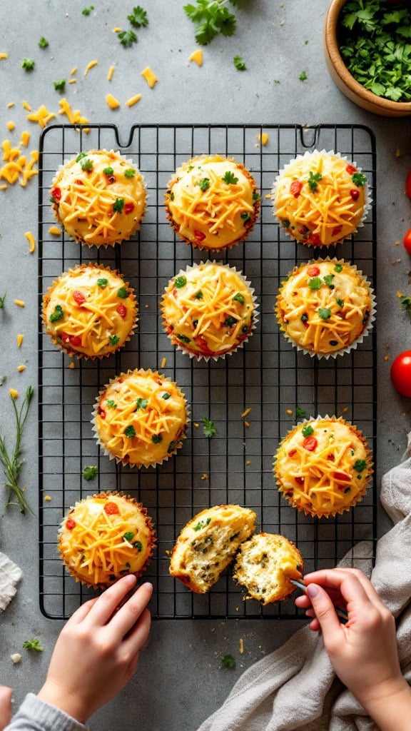 Savory breakfast muffins topped with cheese and herbs on a cooling rack