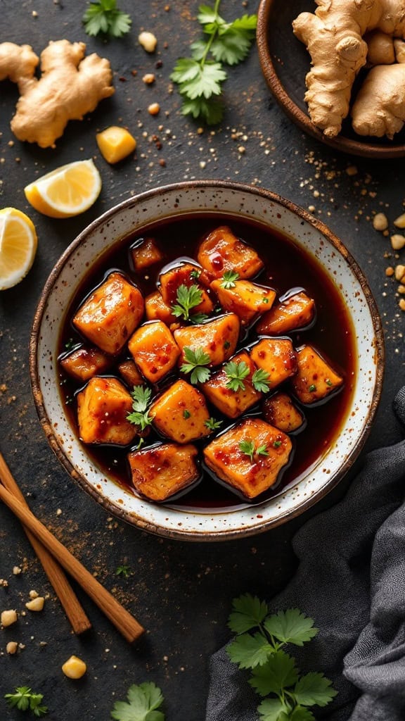 A bowl of ginger soy marinade with pieces of ginger, lemon, and cilantro.