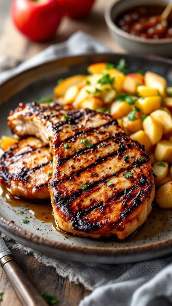 Grilled pork chops served with apple chutney and diced apples on a plate.