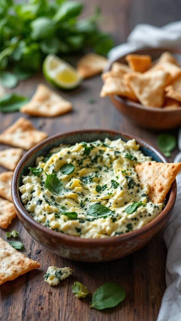 A bowl of creamy spinach and artichoke dip with crackers and fresh herbs.