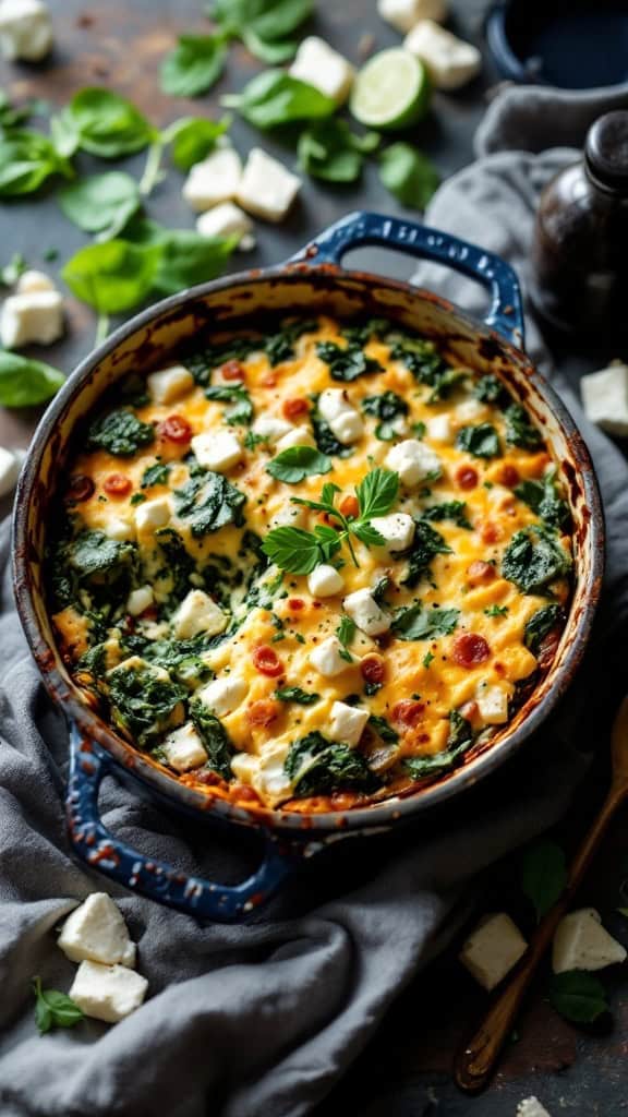 A delicious spinach and feta casserole served in a blue dish, garnished with herbs.