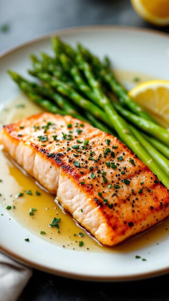 Seared salmon fillet on a plate with asparagus and a lemon slice.