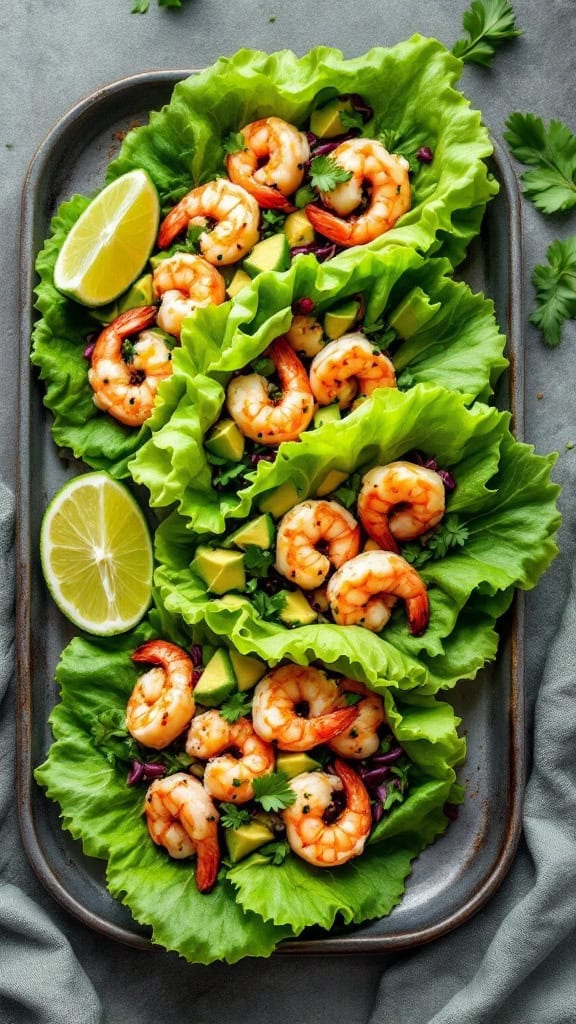 Shrimp and avocado served in lettuce wraps with lime on the side.