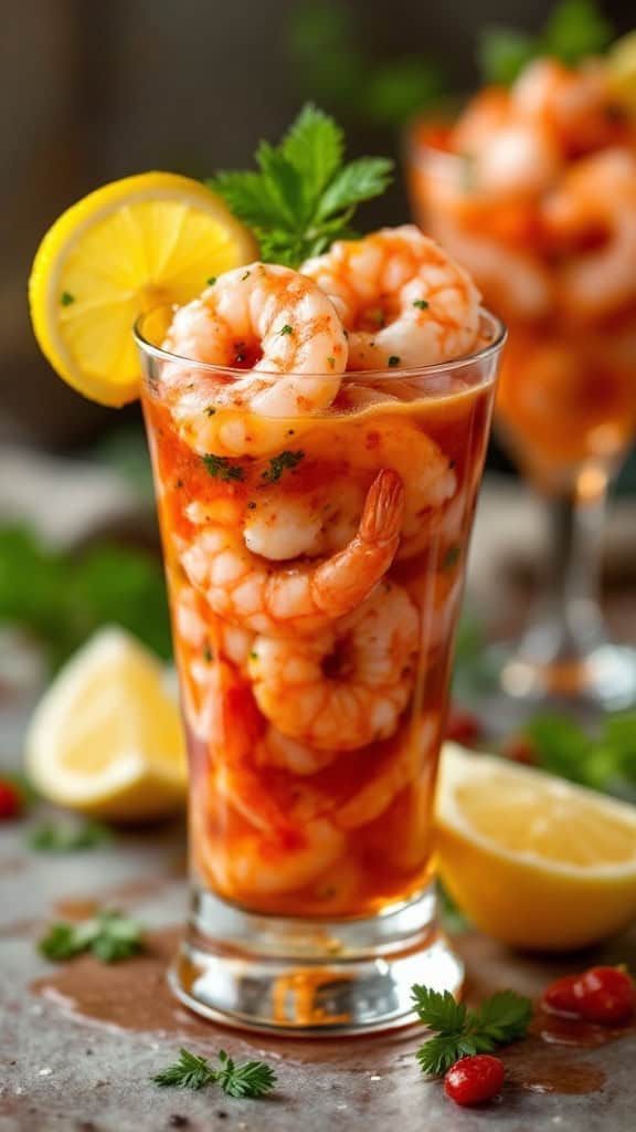 Shrimp cocktail served in a glass with zesty sauce and lemon garnish