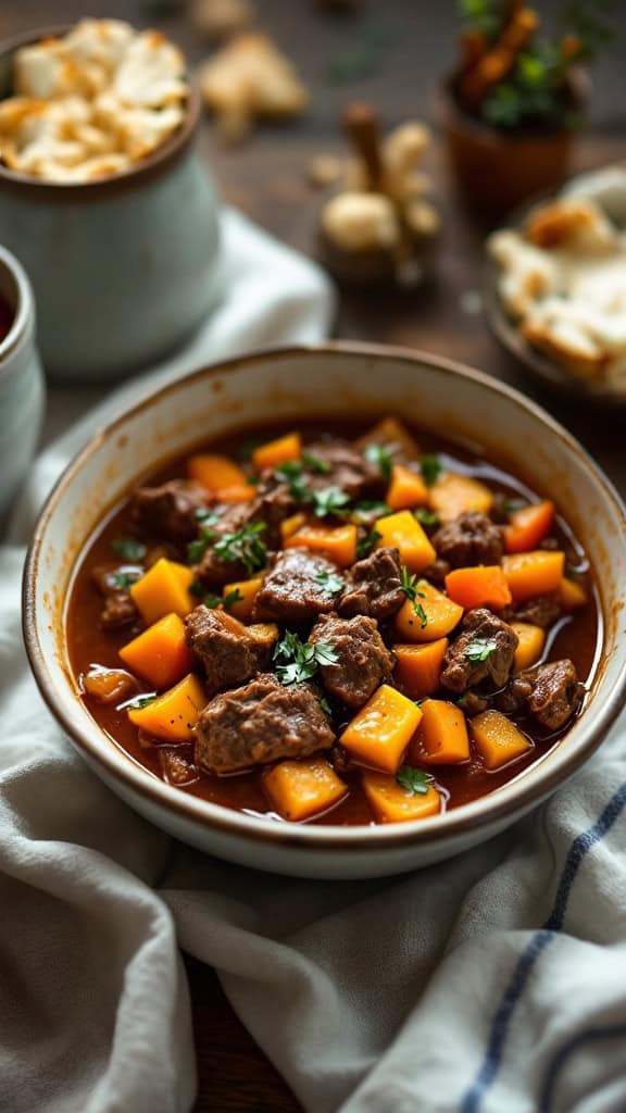 A bowl of beef stew with potatoes, carrots, and herbs.