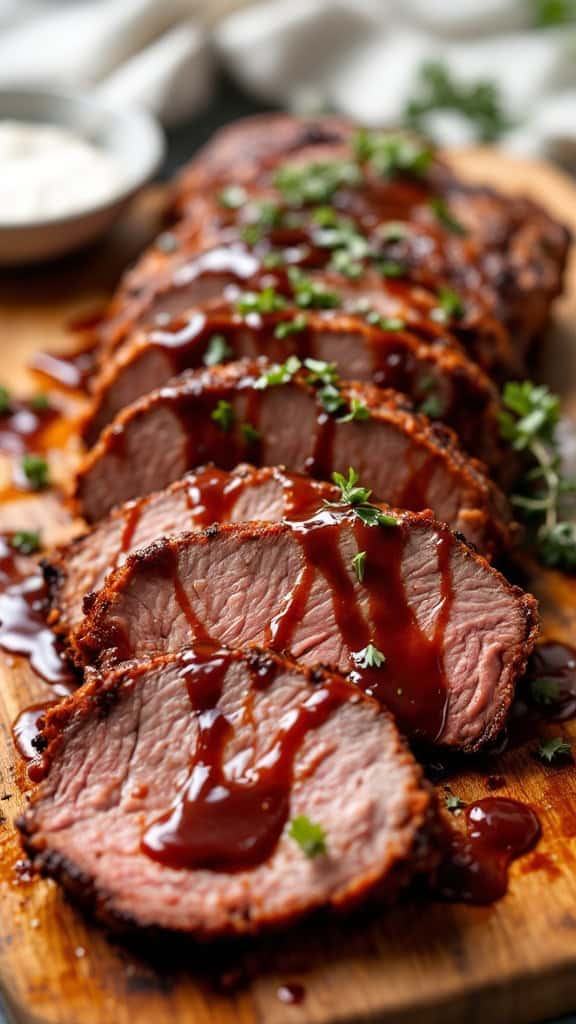 Sliced smoked brisket with BBQ sauce drizzled on top, garnished with parsley.