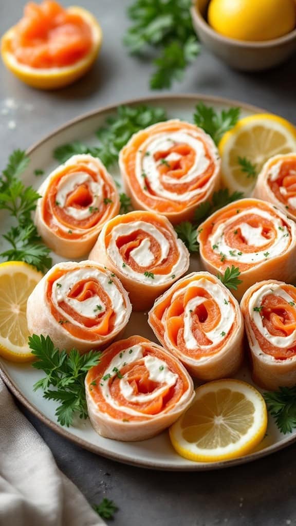 A plate of smoked salmon and cream cheese wraps, garnished with lemon and parsley.