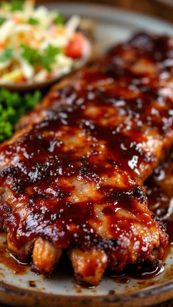 Smoky barbecue ribs glazed with sauce, served with coleslaw