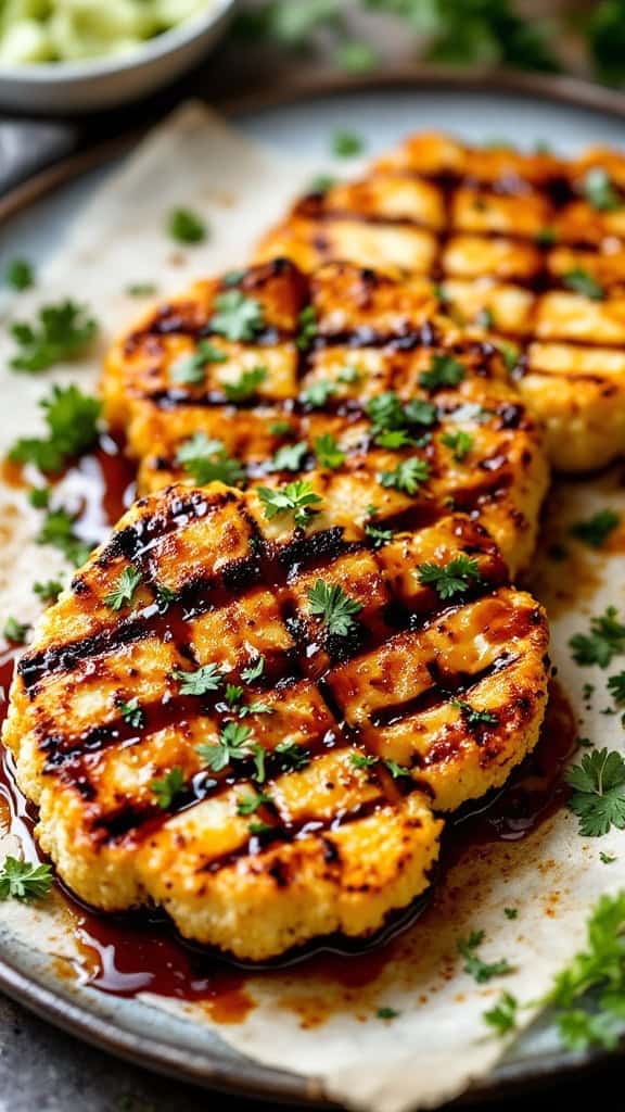 Grilled smoky BBQ cauliflower steaks garnished with fresh herbs
