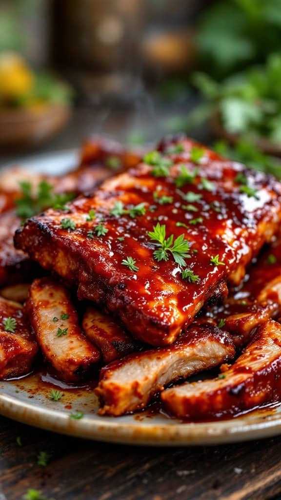 Plate of smoky chipotle BBQ ribs garnished with parsley.