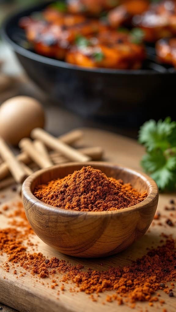 A wooden bowl filled with smoky chipotle BBQ rub on a wooden surface.