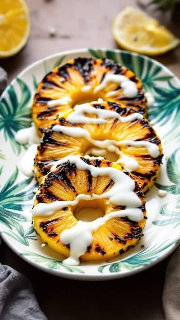 Grilled pineapple slices drizzled with coconut cream on a decorative plate.