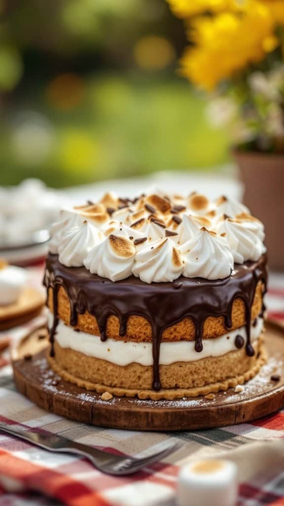 S'mores cake with graham cracker crust and chocolate ganache on top.
