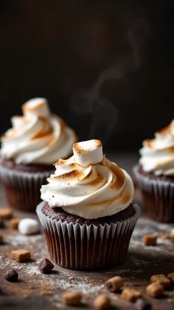 S'mores cupcakes with toasted meringue topping, showcasing chocolate cake and marshmallow frosting.