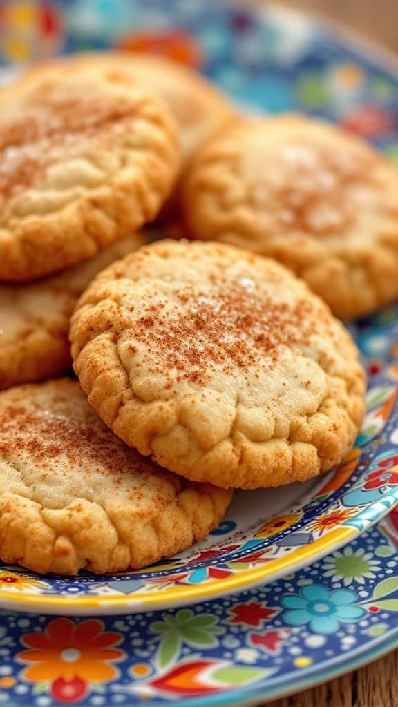 A plate of homemade snickerdoodle cookies with a dusting of cinnamon sugar.