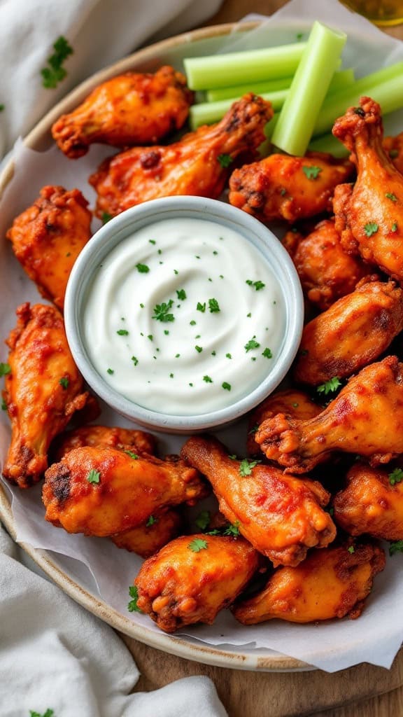 A platter of spicy chicken wings with a bowl of blue cheese dip and celery sticks.