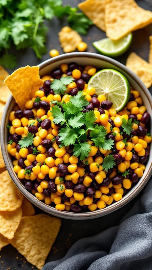 A bowl of spicy corn and black bean salad with lime and cilantro.