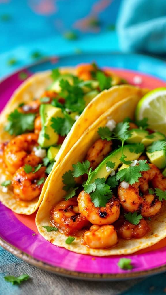A plate of spicy grilled shrimp tacos garnished with avocado and cilantro.