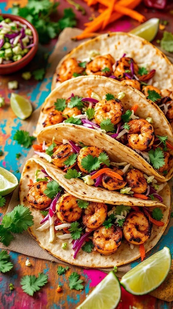 Three delicious shrimp tacos with cilantro lime slaw, garnished with lime wedges and fresh herbs.