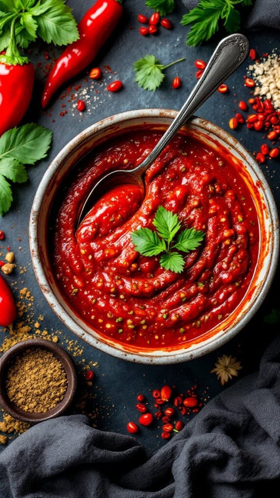 A bowl of spicy harissa marinade surrounded by peppers and spices.