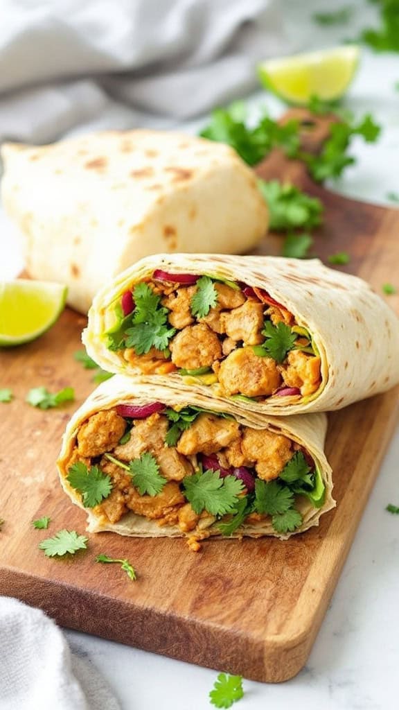 Two spicy Thai peanut chicken wraps filled with vegetables and chicken, garnished with cilantro.