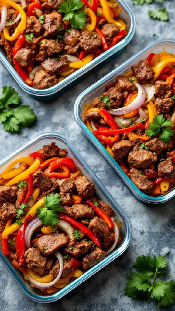 Meal prep containers filled with steak fajitas, colorful peppers, and onions.